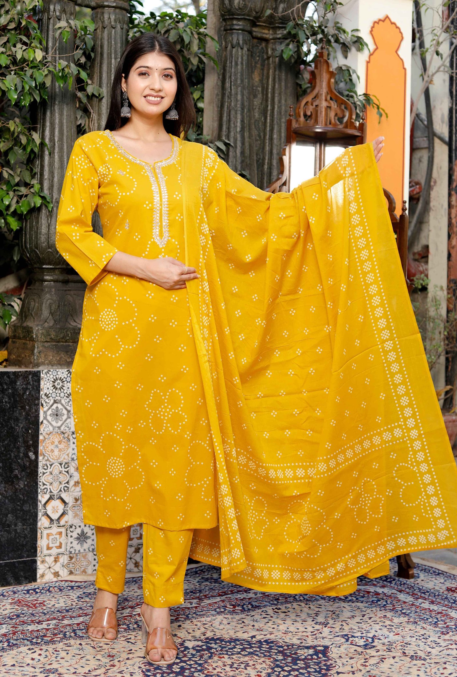  Gulika  Mustard Bandhej kurta set 